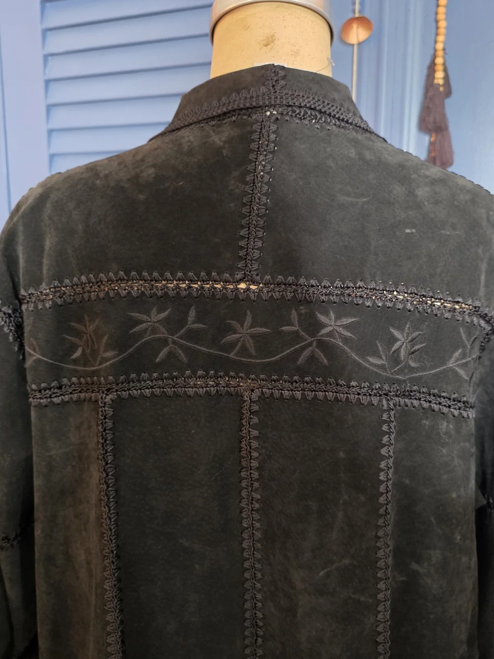 VTG Dressbarn Black Suede Leather Patchwork Western Fringe Jacket Boho 16W
